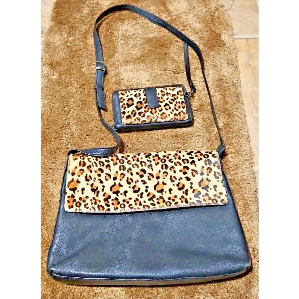 VTG Sorpresa! Cheetah Hair Crossbody Purse Pebbled Black Leather & Wallet CLEAN